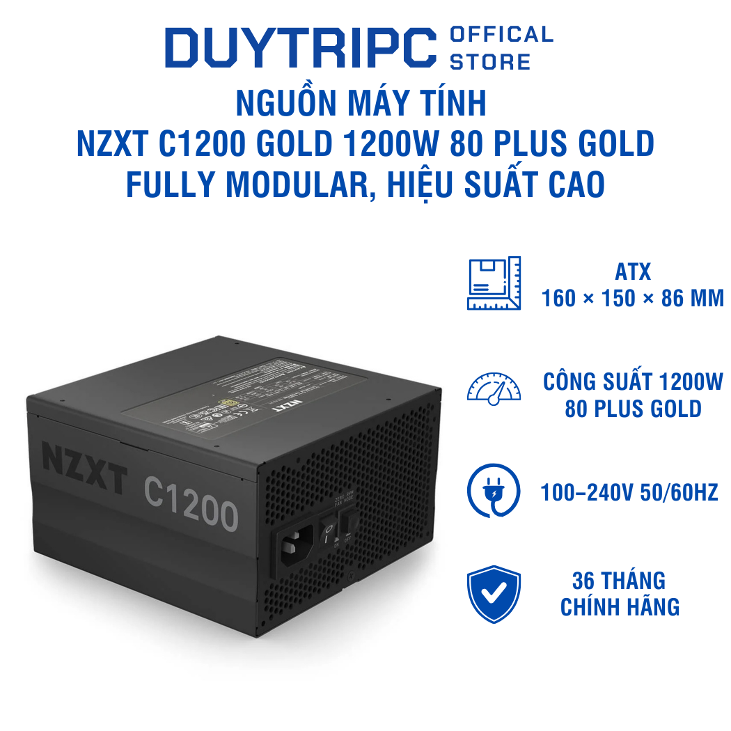 Nguồn máy tính NZXT C1200 Gold 1200W 80 Plus Gold – Fully Modular, hiệu suất cao